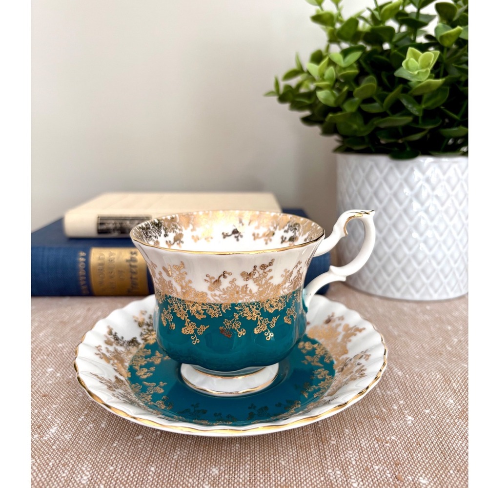 Vintage Royal Albert Regal Series Teal Teacup and Saucer, English Tea Set